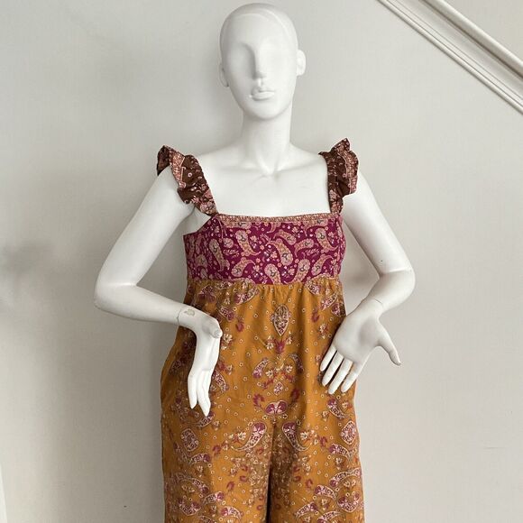 New Free People Bali Albright Boho Paisley Jumpsuit In Gold Combo M - Picture 7 of 16
